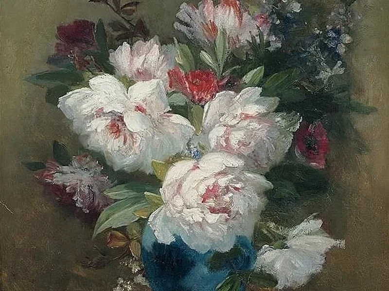 1837-Emile Henri Brunner-Lacoste - Bouquet di peonie e altri fiori in un vaso blu
